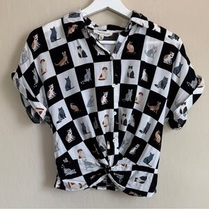 Sunburst Kiss Black and White Checkered Cat Print Women's Top Small Cat Lover